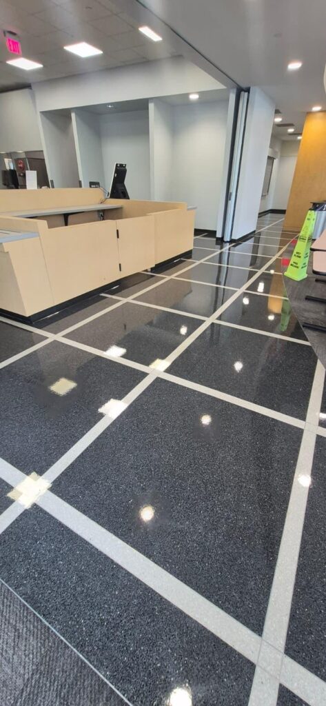 Renewed floor finish in a cafeteria service area