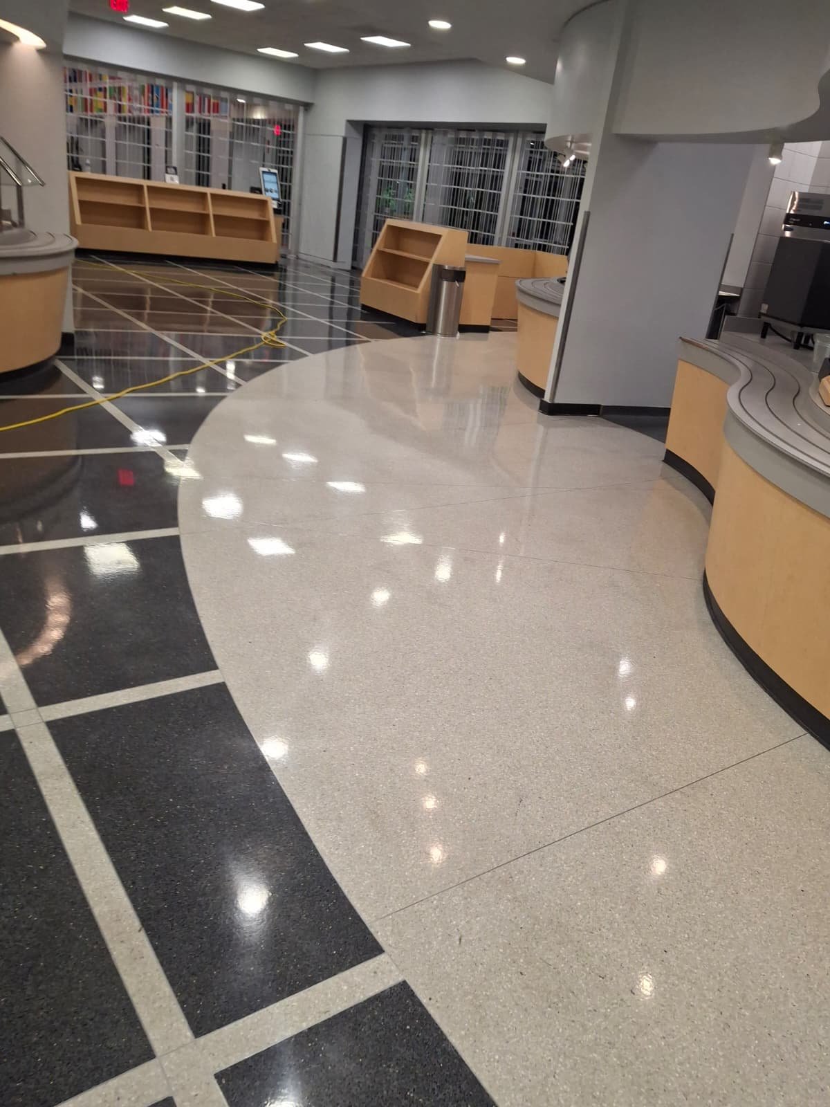 Mirror-shine floor finish after waxing in a dining hall